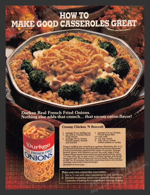 1985 Durkee Onions "Creamy Chicken 'n Broccoli" Recipe Print Advertisement Ad