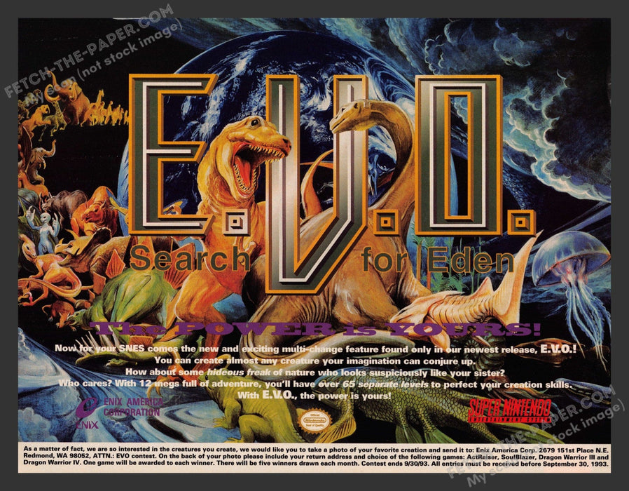 1993 Print Advertisement E.V.O. Search for Eden Video Game Ad.
