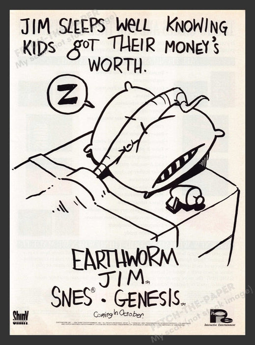 1994 Earthworm Jim "Jim Sleeps Well" Video Game Print Advertisement