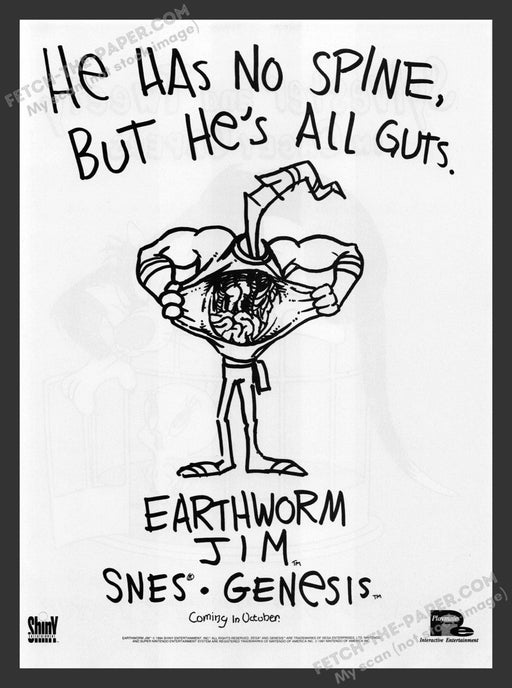 1994 Print Advertisement Earthworm Jim "No Spine - All Guts!" Video Game Ad.