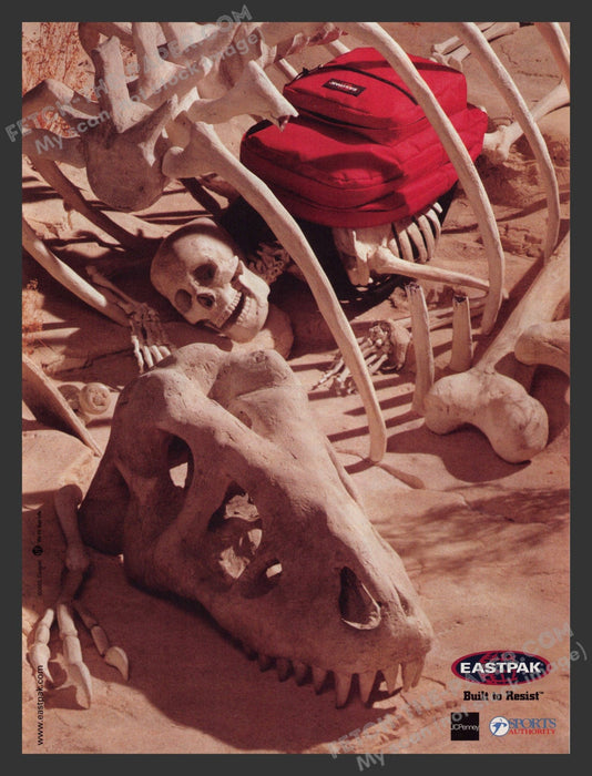 2002 Print Advertisement Eastpak Backpack "Built to Resist" Skeleton & Dinosaur.