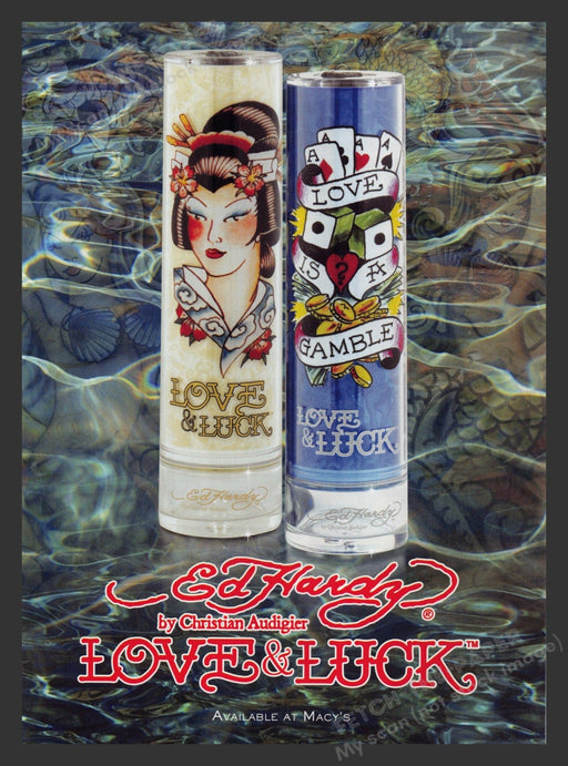 Ed Hardy 2000s Advertisement 2008 by Christian Audigier Love & Luck Fragrance Fetch the Paper!