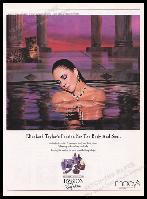 Elizabeth Taylor Passion 1980s Print Advertisement Ad 1989 In Pool Fetch the Paper!