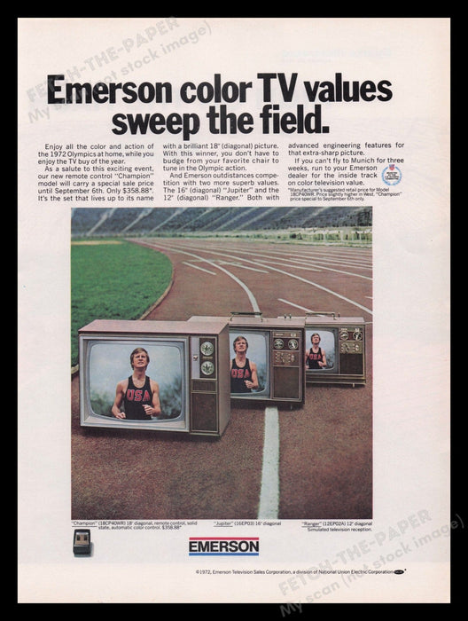 Emerson TV 1970s Print Advertisement Ad 1972 Champion Jupiter Ranger Olympics Fetch the Paper!