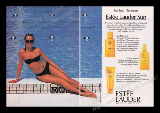 Estee Lauder 1980s Print Advertisement Ad (2 pages) 1988 Sunless Tan Bikini Pool Fetch the Paper!