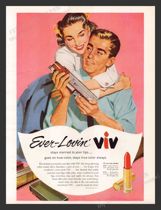 1956 Ever-Lovin' Viv Lipstick Couple Model Train Engine Print Advertisement Ad