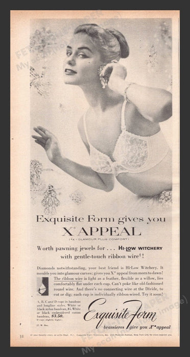 1956 Exquisite Form X Appeal Earrings Blonde Bra Print Advertisement Ad