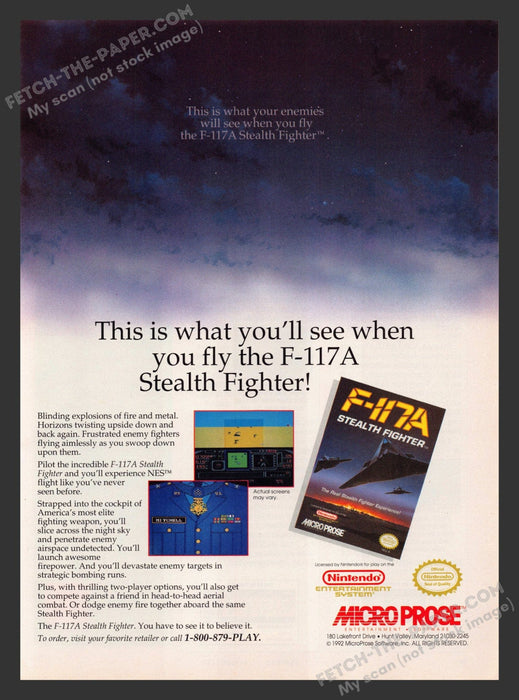 1992 Print Advertisement F-117A Stealth Fighter Video Game Ad.