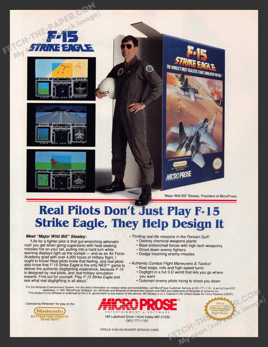 1991 Print Advertisement F-15 Strike Eagle Video Game Ad.