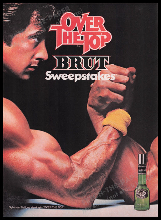 Faberge Brut Cologne 1980s Print Advertisement Ad 1986 "Over the Top" Stallone Fetch the Paper!