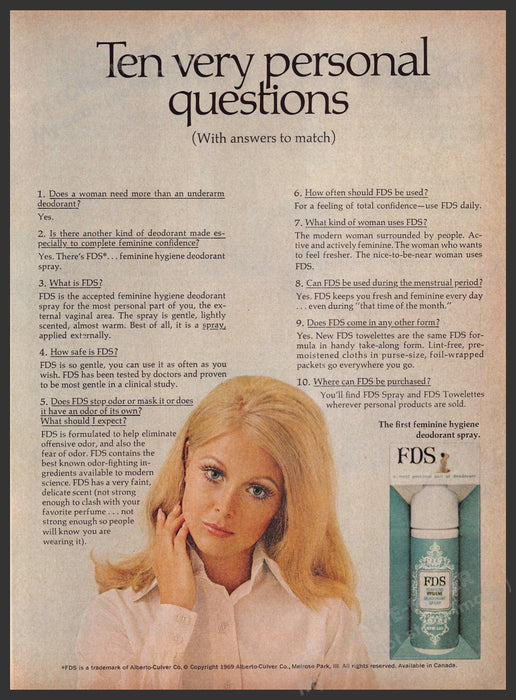 FDS Feminine Hygiene Deodorant Spray 1960s Print Advertisement 1969 Fetch the Paper!