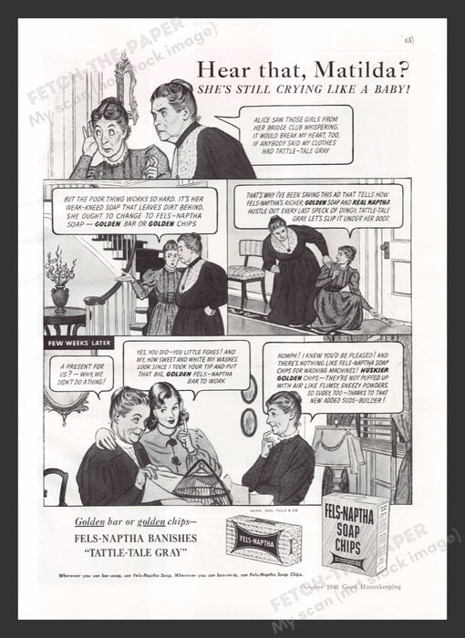 1940 Fels-Naptha Soap Chips "Tattle-Tale Gray" Cartoon Print Advertisement Ad