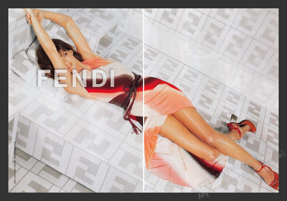 Fendi 2000s Print Advertisement (2 pages) Linda Evangelista Long Legs Fetch the Paper!