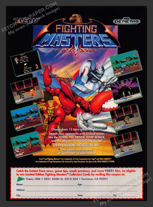 1992 Print Advertisement Fighting Masters Video Game Ad.