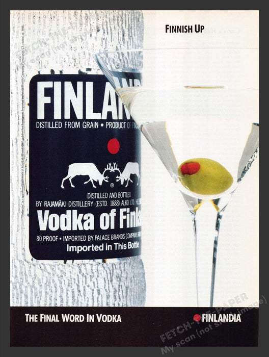 1990 Finlandia Vodka "Finnish Up" Glass w/ Olive Print Advertisement Ad
