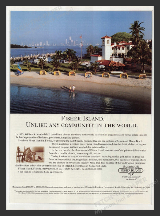 Fisher Island Florida Miami Skyline 1990s Print Advertisement 1995 Fetch the Paper!