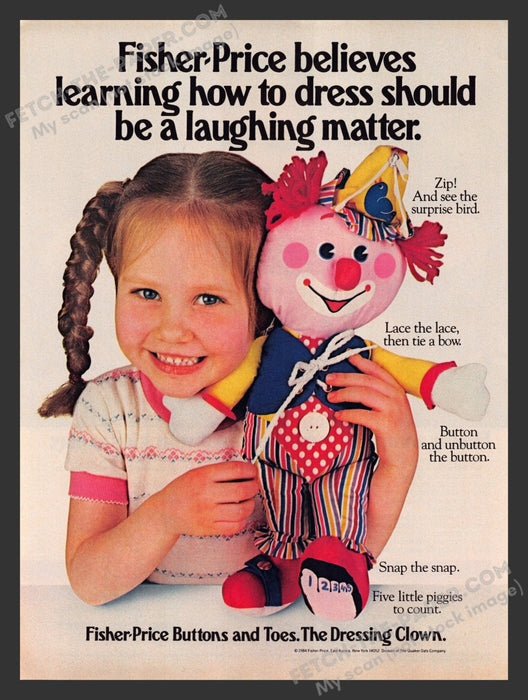 1984 Print Advertisement Fisher Price Buttons and Toes the Dressing Clown Ad.