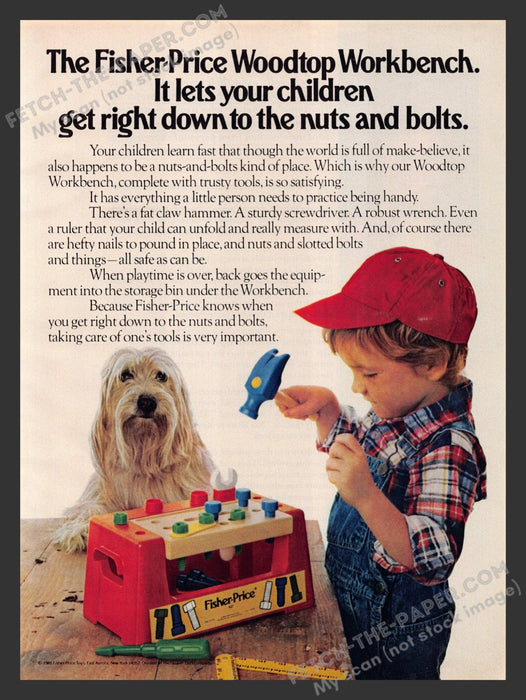 1982 Print Advertisement Fisher Price Woodtop Workbench Toy Bearded Collie Dog.