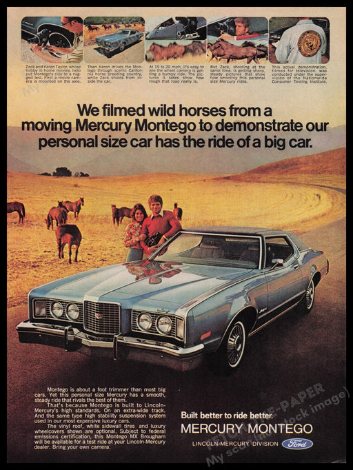 Ford Lincoln-Mercury Montego Car 1970s Print Advertisement Ad 1972 Wild Horses Fetch the Paper!