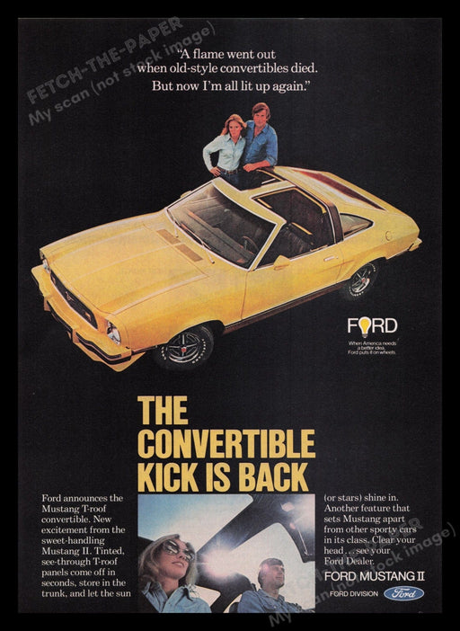 Ford Mustang II 1970s Print Advertisement Ad 1977 T-Roof Convertible Car Fetch the Paper!