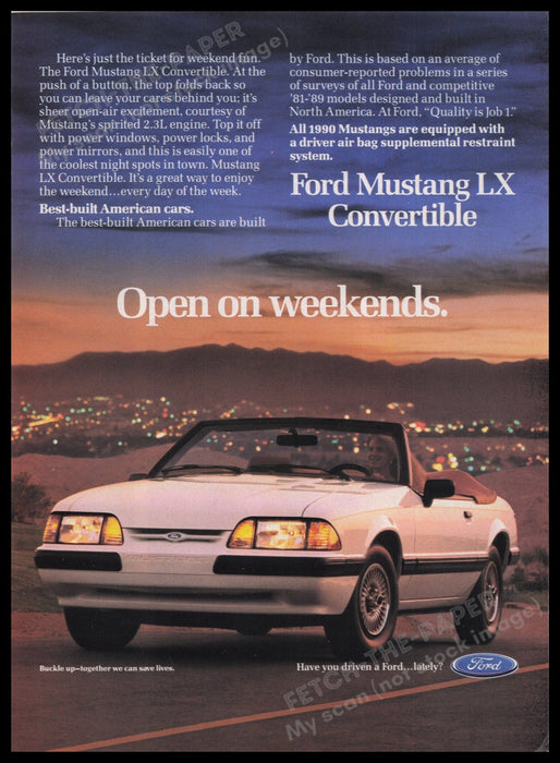Ford Mustang LX Convertible 1990s Print Advertisement Ad 1990 "Open on Weekends" Fetch the Paper!