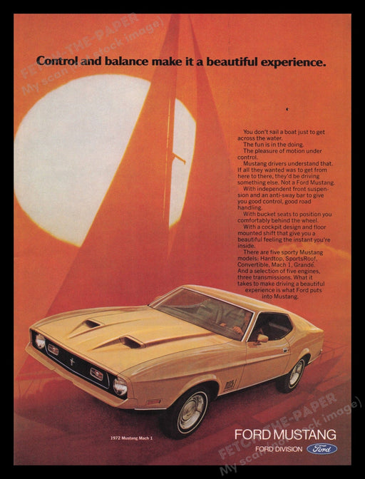 Ford Mustang Mach 1 Car 1970s Print Advertisement Ad 1972 Sailboat Fetch the Paper!