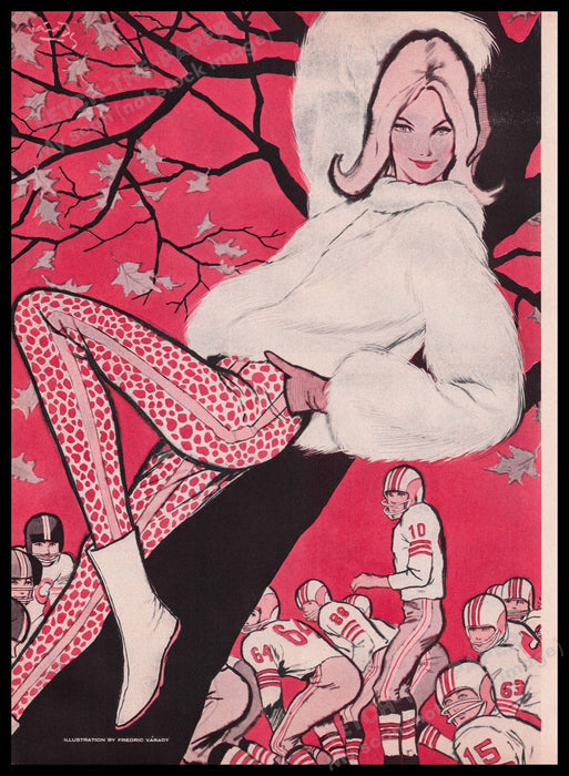 Frederic Varady Drawing 1960s Magazine Illustration 1965 Football Players Fetch the Paper!