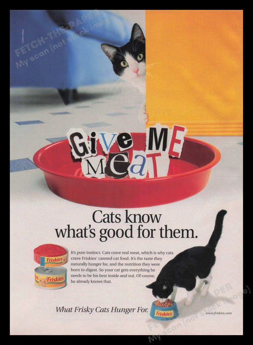 Friskies 2000s Print Advertisement 2000 Cats Black & White Kitty Food Fetch the Paper!