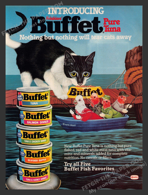 1984 Print Advertisement Friskies Buffet Cat Food Parakeet Birds in Fishing Boat.