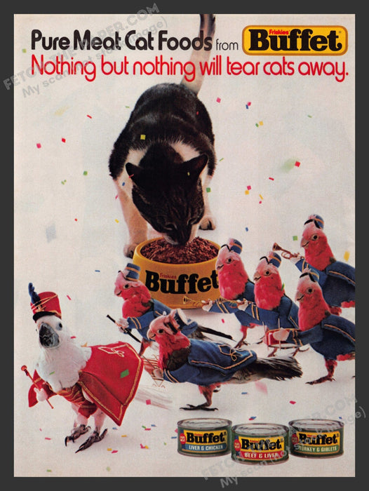 1984 Print Advertisement Friskies Buffet Cat Food Parakeet Bird Marching Band Ad.