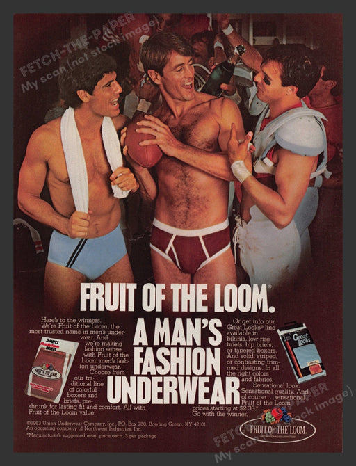 Fruit of the Loom 1980s Print Advertisement 1983 Men Underwear Football Locker Fetch the Paper!