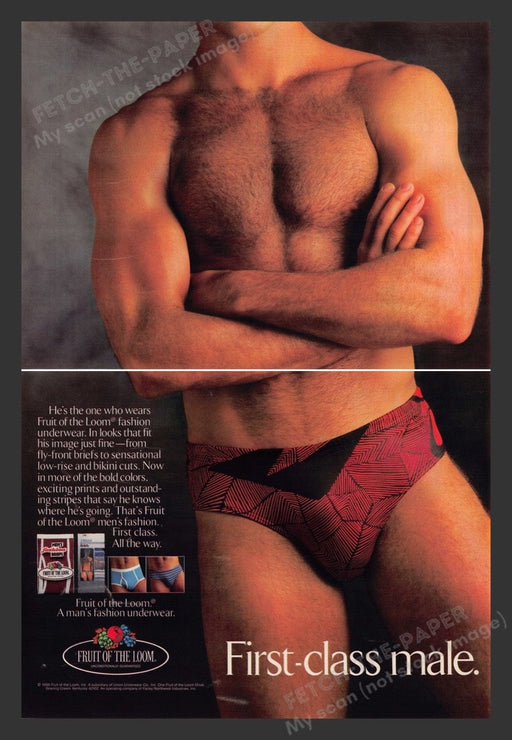 1986 Fruit of the Loom Men's Underwear "First-class male" Tight Print Ad (2 Pgs)
