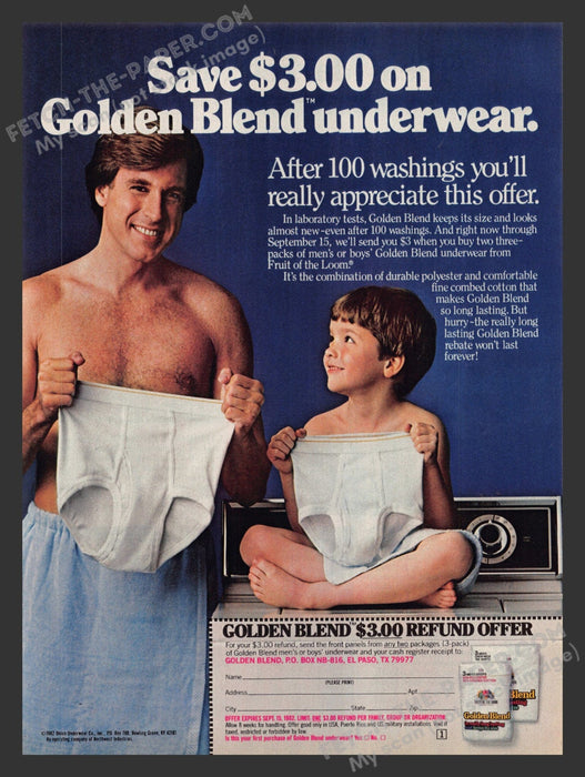 1982 Print Advertisement Fruit of the Loom Golden Blend Men's Underwear Ad.