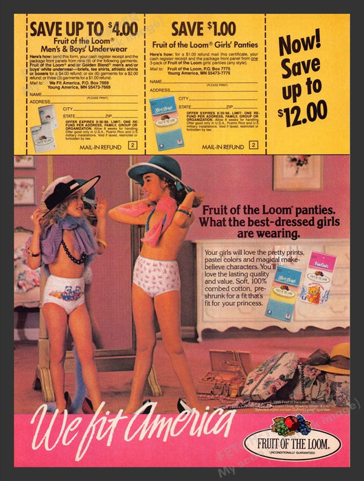 1988 Fruit of the Loom Panties 2 Girls Playing Dressup Print Advertisement Ad