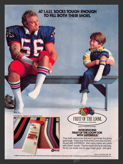 1986 Fruit of the Loom Socks Football Player & Little Boy Print Advertisement Ad