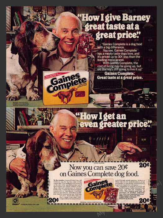 1980 Gaines Complete Dog Food MASH Harry Morgan (Colonel Potter) Print Ad