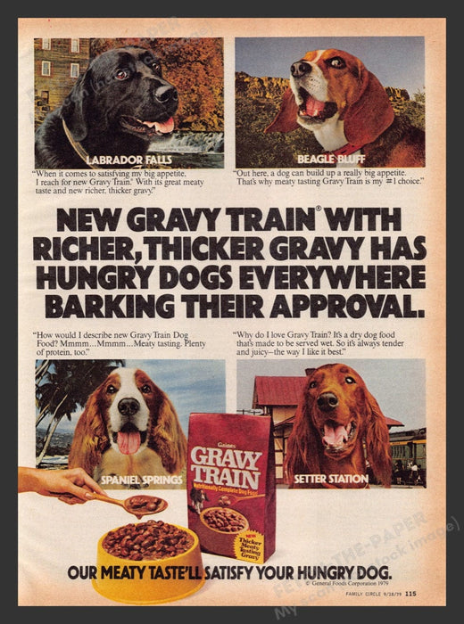 1979 Gaines Gravy Train Dog Food Lab Beagle Spaniel Print Advertisement Ad
