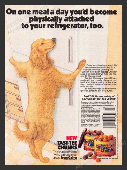 1986 Gaines Tast-tee Chunks Dog Food Dog Hugging Fridge Print Advertisement Ad