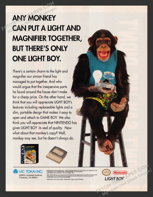 1993 Print Advertisement Game Boy Light Boy Monkey Nintendo Video Game Ad.