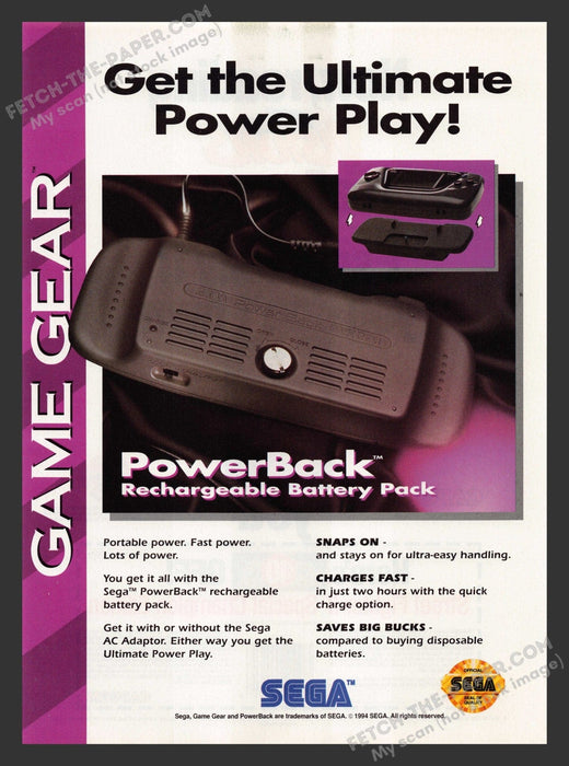 Game Gear PowerBack Battery Pack Video Game 1990s Print Advertisement Ad 1994 Fetch the Paper!
