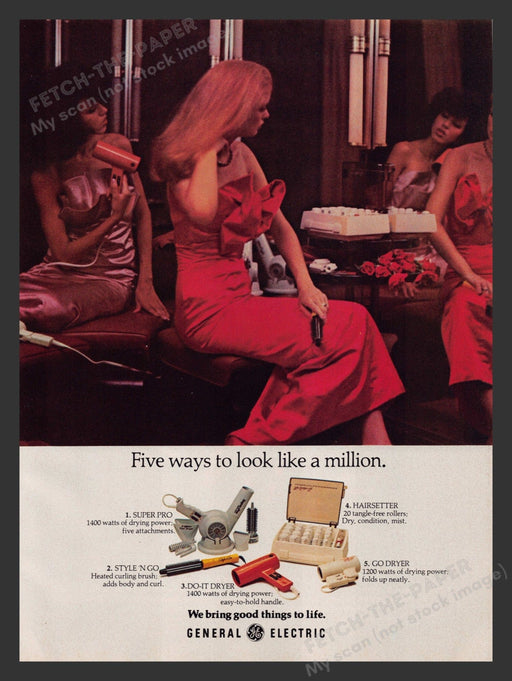 GE Hairstyling Products Promo Dryer Curlers 1980s Print Advertisement 1980 Fetch the Paper!