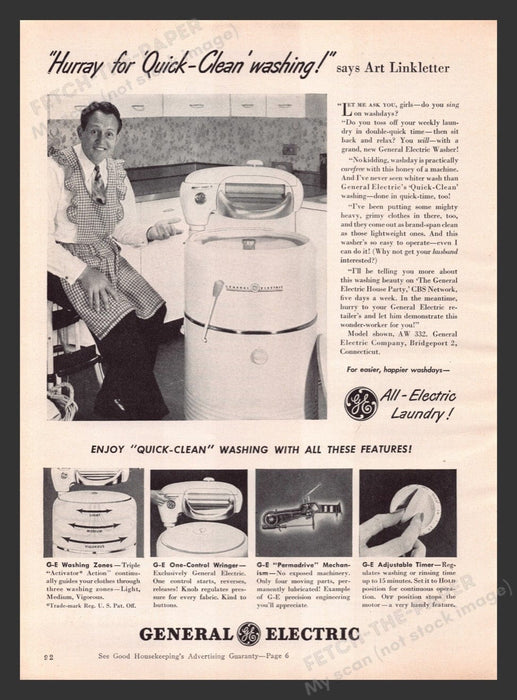 1948 General Electric Washing Machine Art Linkletter Print Advertisement Ad