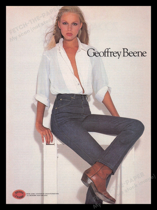 Geoffrey Beene Jeans 1970s Print Advertisement Ad 1978 Sexy Model Fetch the Paper!