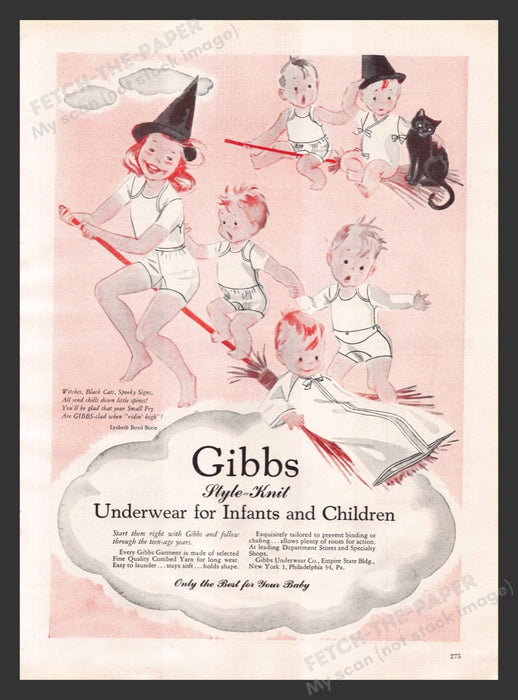 1948 Gibbs Underwear for Infants Halloween Broom Cat Print Advertisement Ad