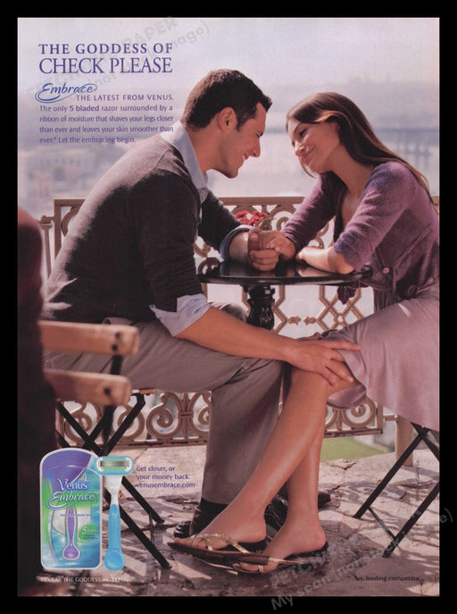 Gillette 2000s Print Advertisement Ad 2009 Venus Razor Smooth Legs Couple Cafe Fetch the Paper!