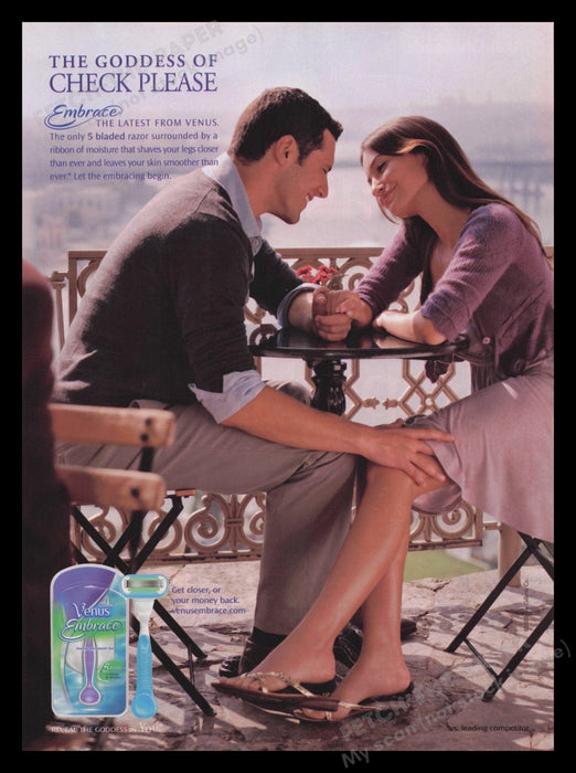 Gillette 2000s Print Advertisement Ad 2009 Venus Razor Smooth Legs Couple Cafe Fetch the Paper!