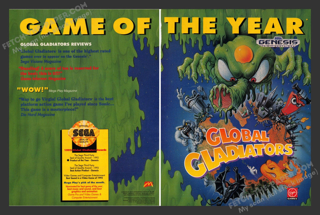 1993 Print Advertisement 2 Page Global Gladiators Video Game Ad.