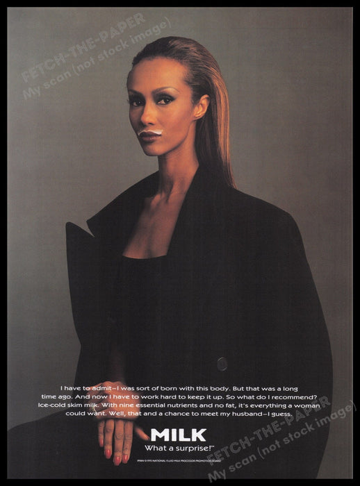 Got Milk? Iman 1990s Print Advertisement Ad 1995 Mustache Super Model Fetch the Paper!