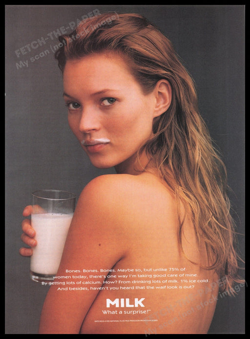 Got Milk? Kate Moss 1990s Print Advertisement Ad 1995 Mustache Super Model Fetch the Paper!