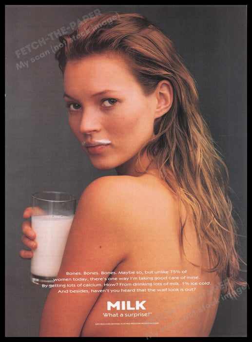 Got Milk? Kate Moss 1990s Print Advertisement Ad 1995 Mustache Super Model Fetch the Paper!